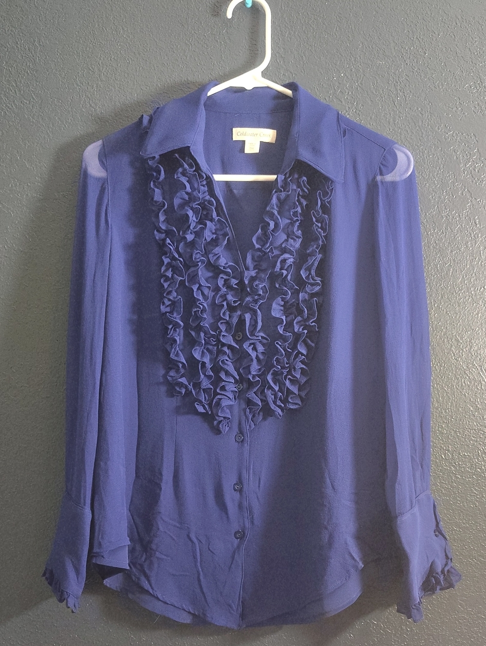 Silk  Deep Purple Ruffle Front Long Sheer Sleeves Button-Down Blouse Size MP